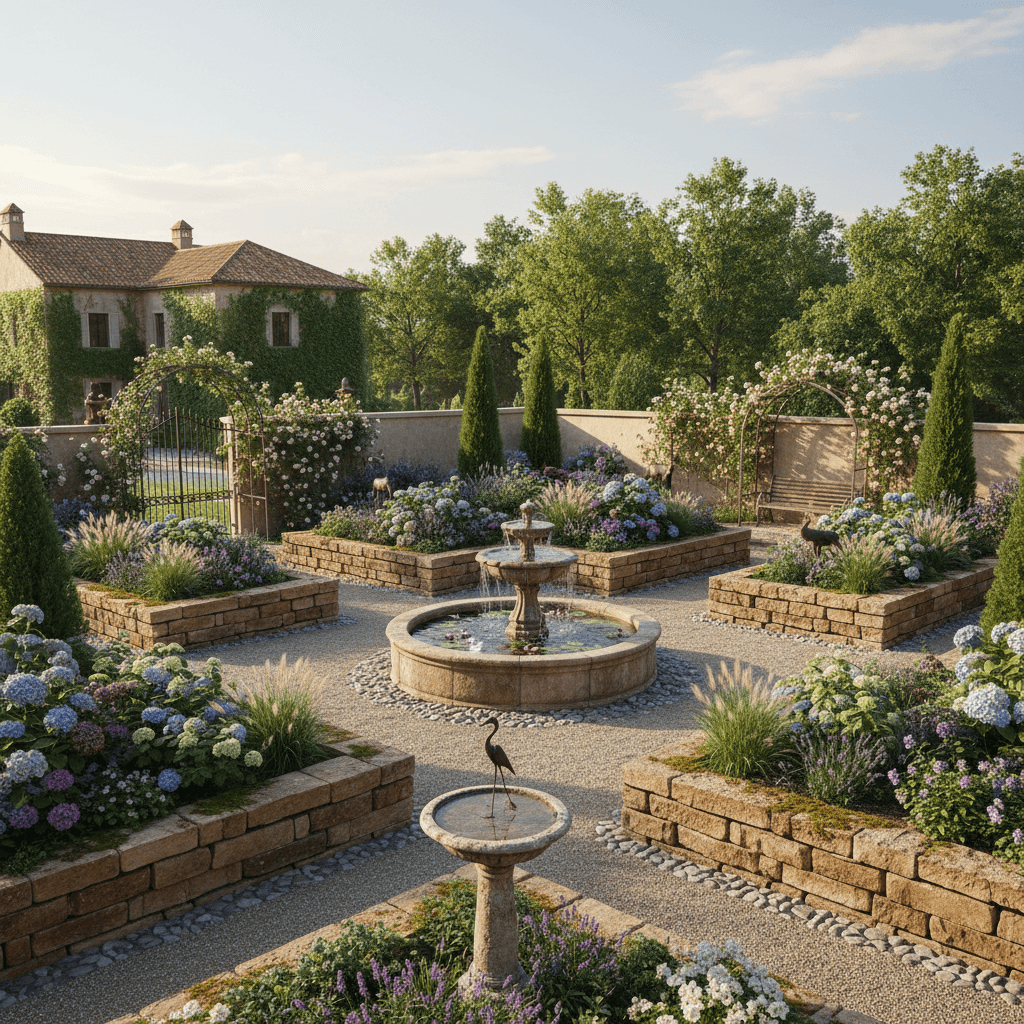 Landscaped yard with stone features